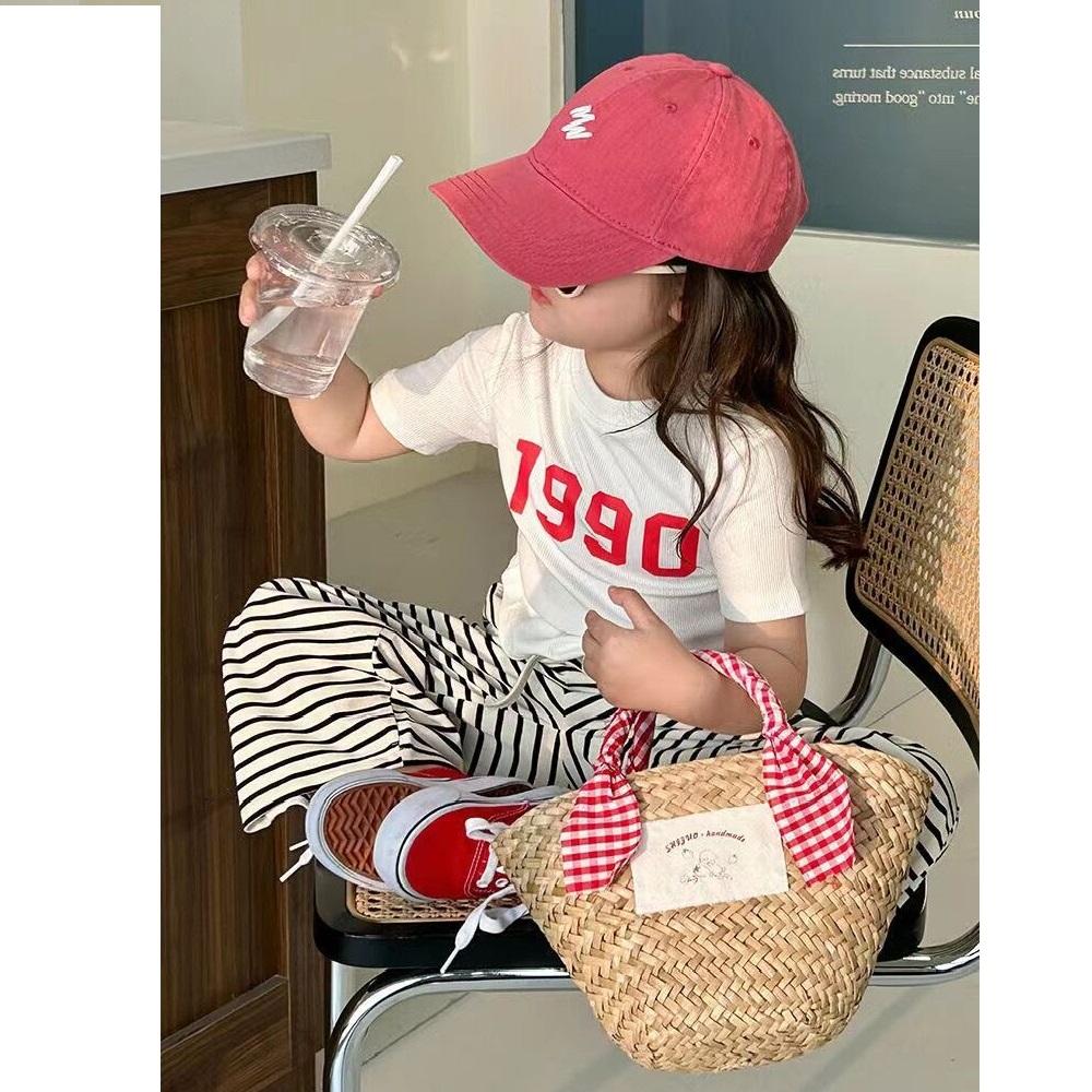 Girls' Summer Elegant Irregular Short Sleeved T-shirt with Striped Wide Leg Pants Korean Style Complete Set of Girls' Summer Set