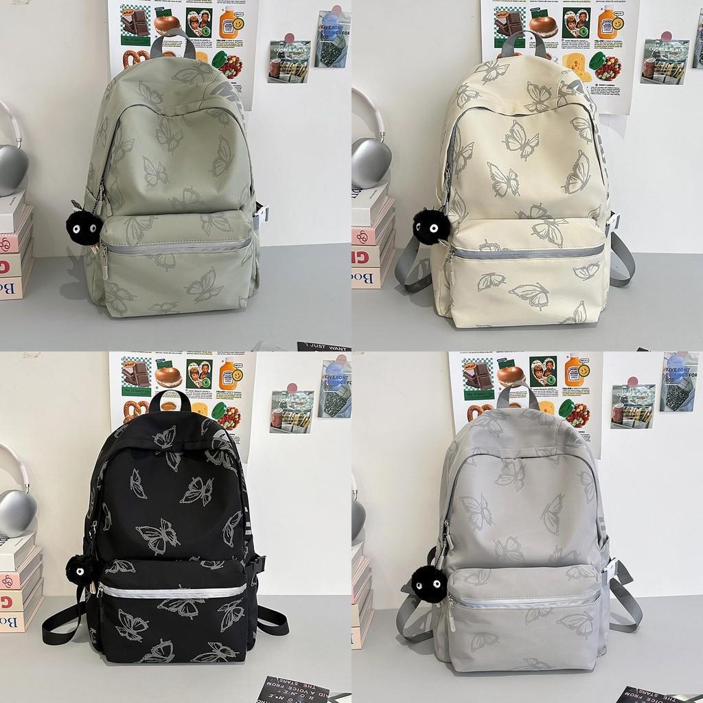 Simple Solid Color Butterfly Pattern Student Backpack With Plush Pendant For School And College Students