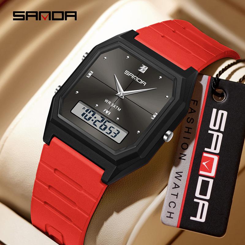 Sanda Waterproof Square Alarm Watch - Luminous Chronograph Sports Wristwatch for Students