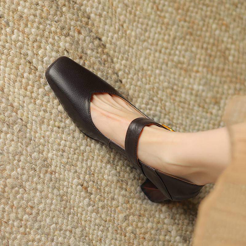 Krazing Pot Sheep Skin Square Toe Chunky High Heels Spring Summer Mary Janes Shoes Vintage Plus Size 42 Women Pumps
