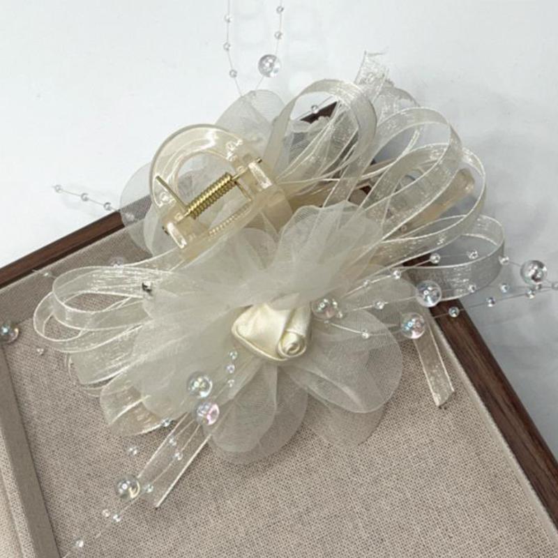 Temperament Mesh Bow Bead Tassel Women Ponytail Shark Clip Girl Headwear Accessories