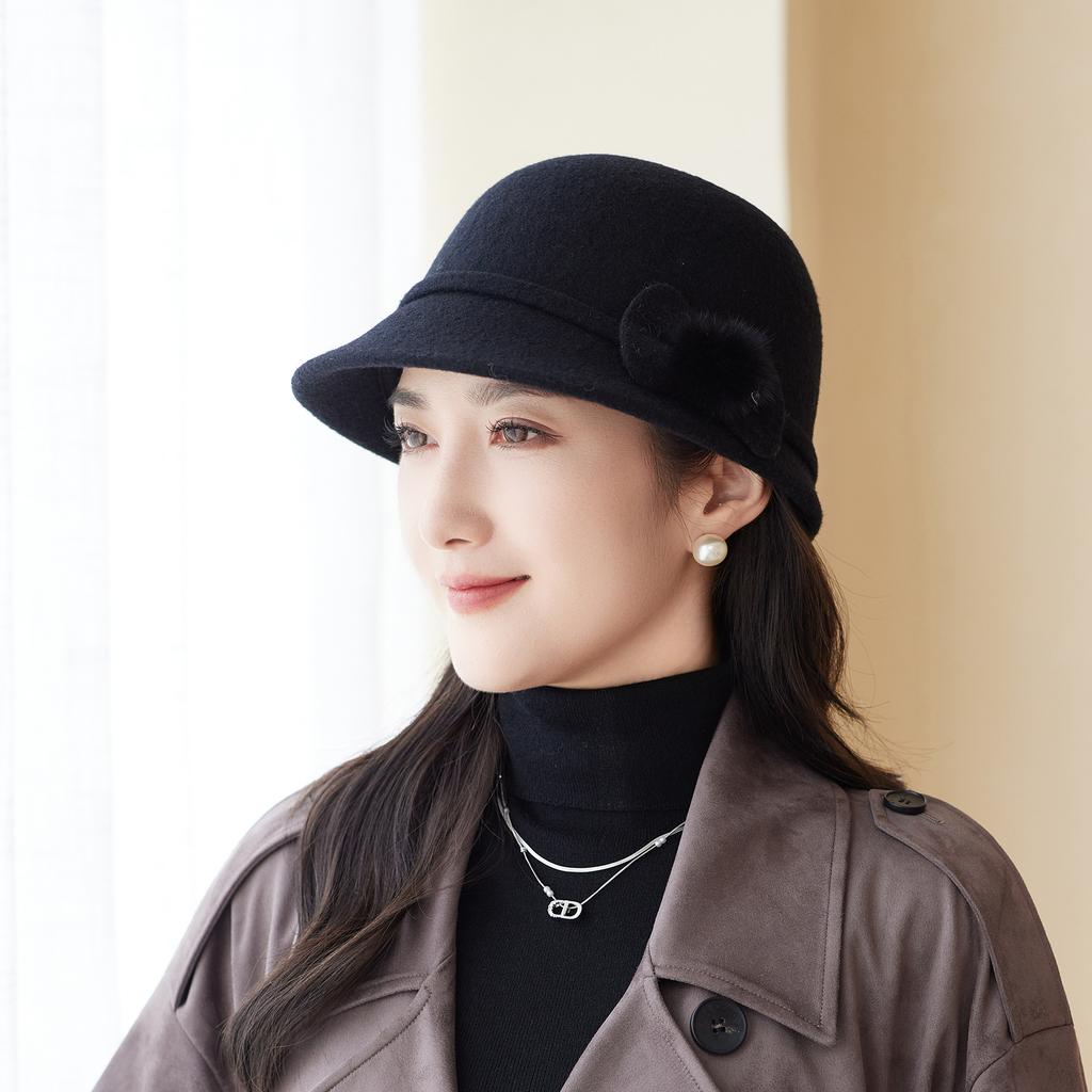 New Autumn and Winter Bow Basin Hat Women's Fashion Wool Woolen Warm Hat