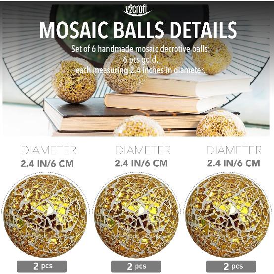 2.4 in Decorative Orbs Glass Balls Set of 6,Mosaic Sphere Globe for Whole Housewares,Wedding/Birthday,Bowls,Vases Dining Table Centerpieces (Gold)