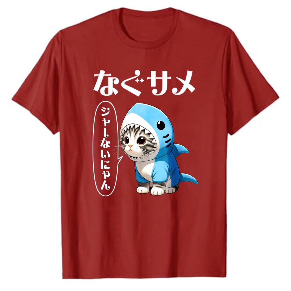 Katzenhai T-Shirt Japanisch Kawaii Neko Süße Katze im Haikostüm Grafik-T-Shirt Lustiges Katzenliebhaber Shirt Kurzarm Rundhals