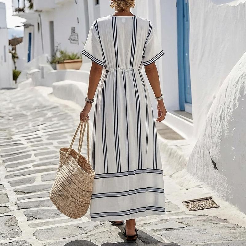 2026 summer new women s clothing, early summer exquisite dress, elegant casual loose striped v-neck dress S белый
