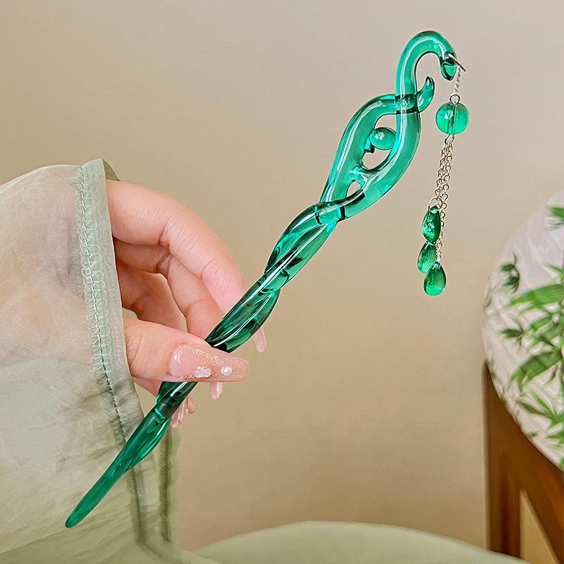 Haarstäbe aus Kunstharz im chinesischen Stil mit Quaste für Frauen, elegante gedrehte Haarnadel aus grüner Essigsäure, Haarstab, Kopfbedeckung, Haar-Accessoires