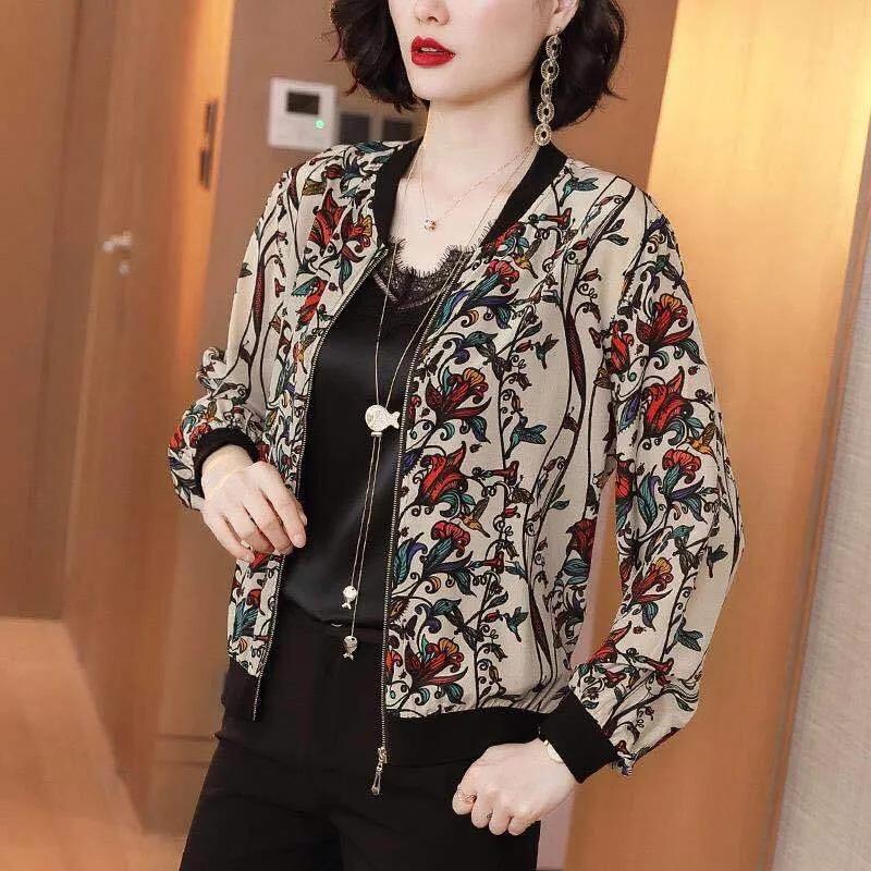 "Women's Summer Print Zip-Up Chiffon Cardigan: UV Protection & Cycling Sunscreen Top".