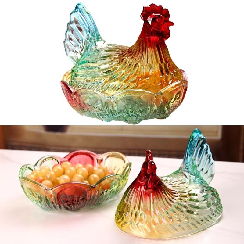 Plat à bonbons en verre cristal forme poulet, Bol à bonbons rétro avec couvercle, Assiette à dessert Bol à snacks Ornement pour décorations de maison