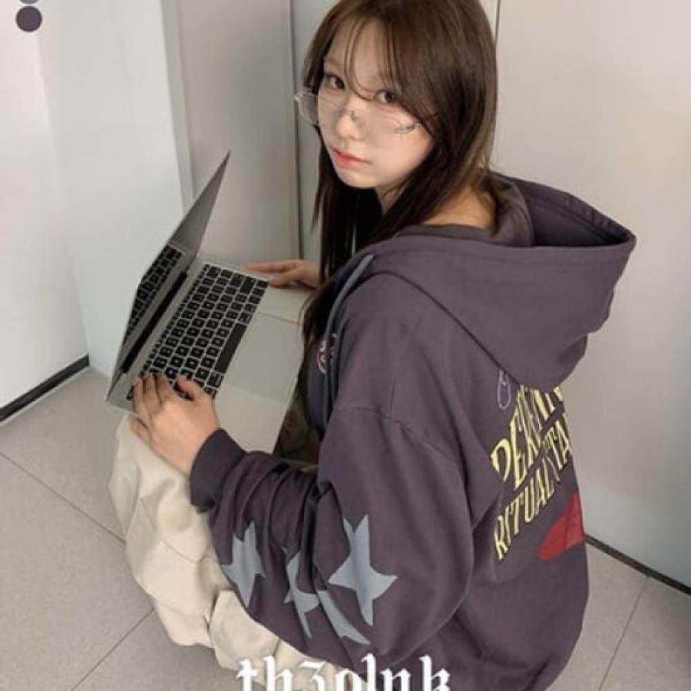 The Pink Loose Fit Vintage Lettering Star Printing Hoodie Zip