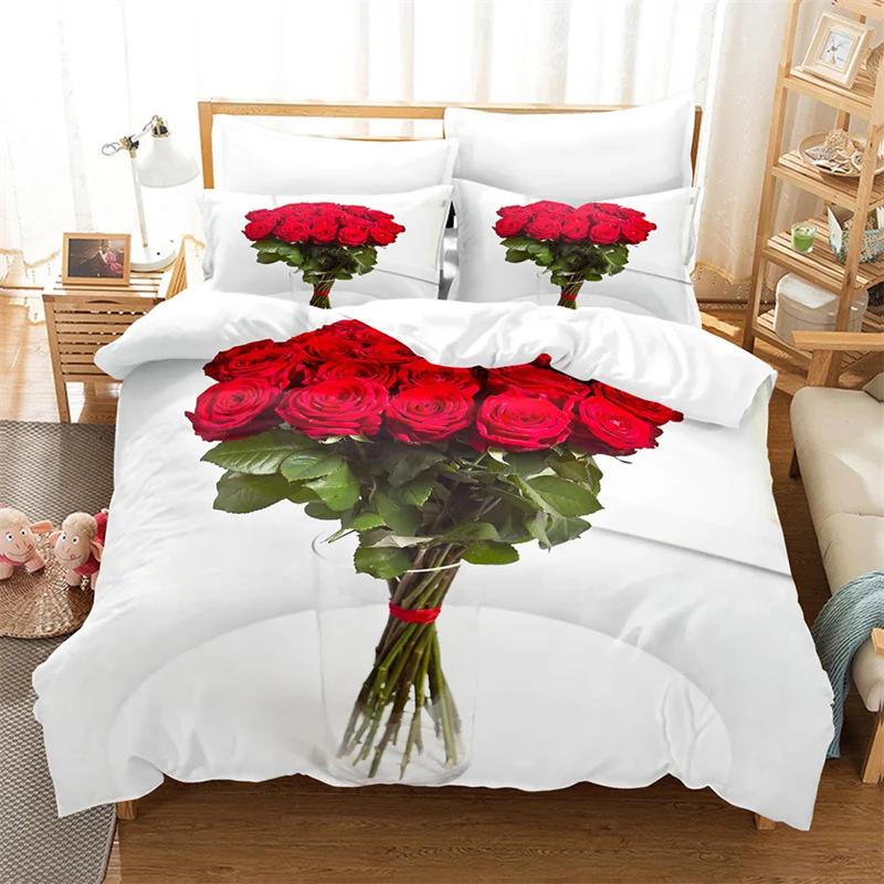 Red Flower Full Size Duvet Covers Rose Quilt Cover 200X230Cm Bedding Set 3Pcs 2Pcs 210X210Cm King Queen Single Double Bed
