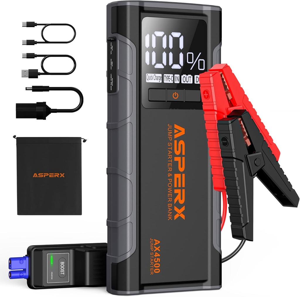 AX4500 Jump Starter, 4500A Peak, 12V Lithium Battery Booster with 4' LCD & LED Light