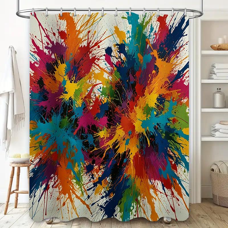 Vibrant Bathroom Shower Curtain with Colorful Splashes Blue, Red, Purple, Yellow Design for Home Decor in White Polyester Fabric