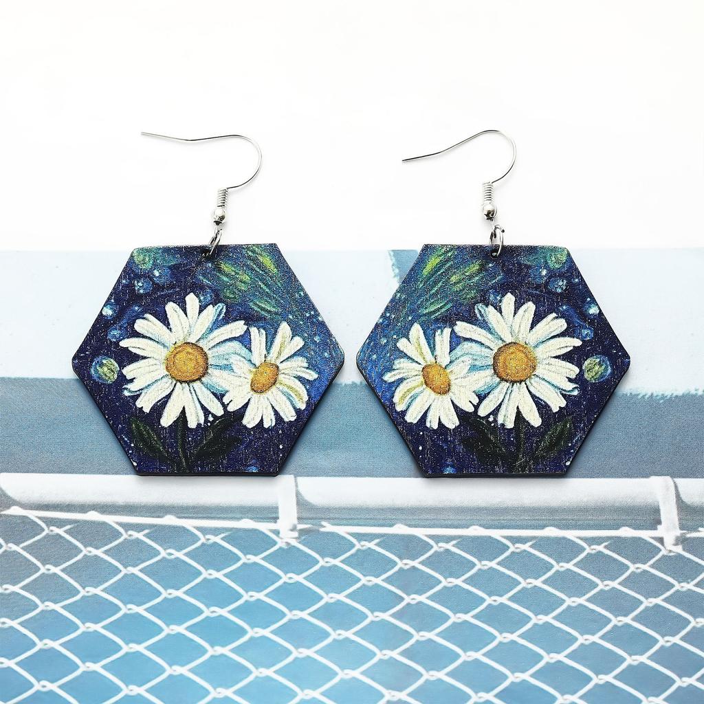 Eco-Friendly Wooden Earrings, Personalized Geometric Hexagonal Chrysanthemum Earrings
