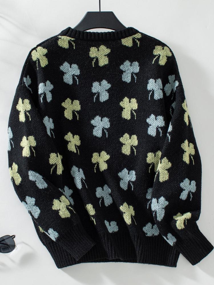 Vintage Print Loose Knitwear Cardigan Long Sleeve O Neck Sweater Autumn Winter Top