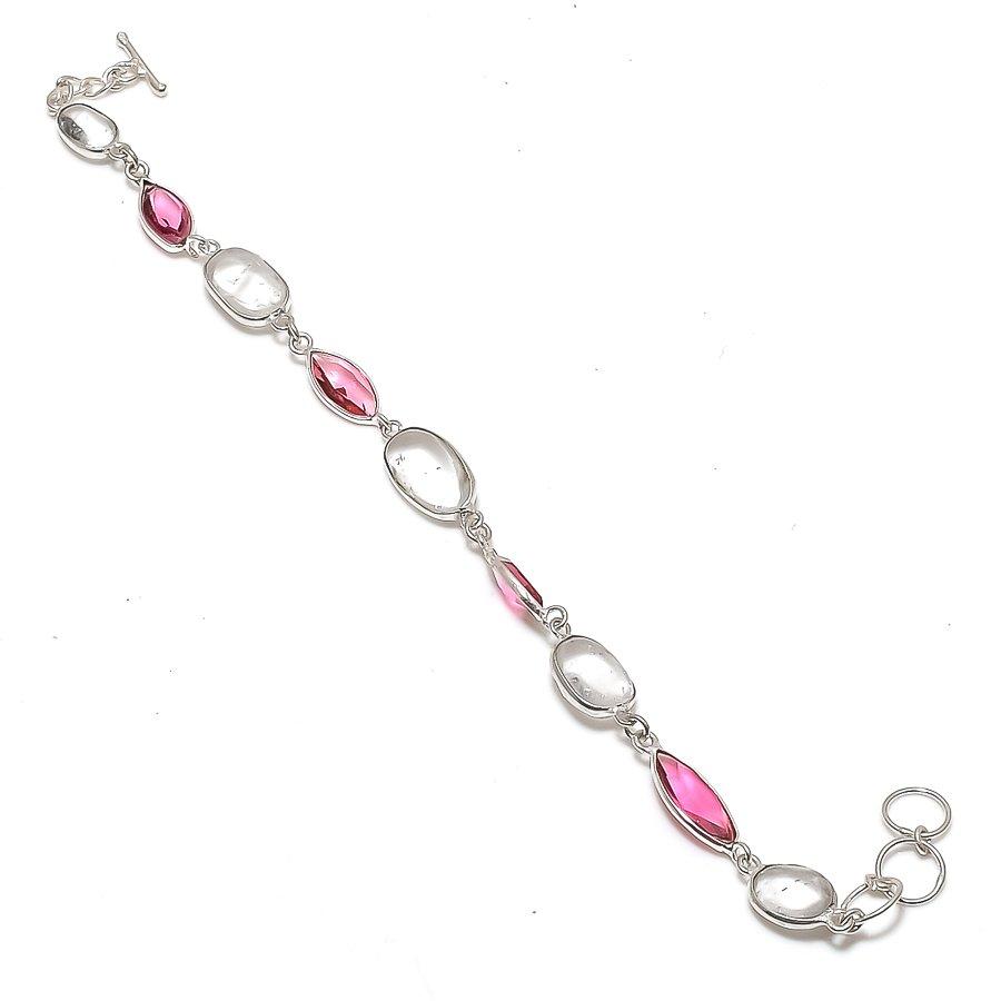 Natural White Topaz, Rubillite Gemstone 925 Sterling Silver Bracelet 7-8" E9M49