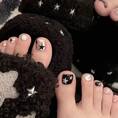 24 Pieces White, Sweet, Cool and Shining Stars, Wearable Foot Nail Ins Wind Spice Girl Manicure, Fake Nail, Special Nail Film for Foot