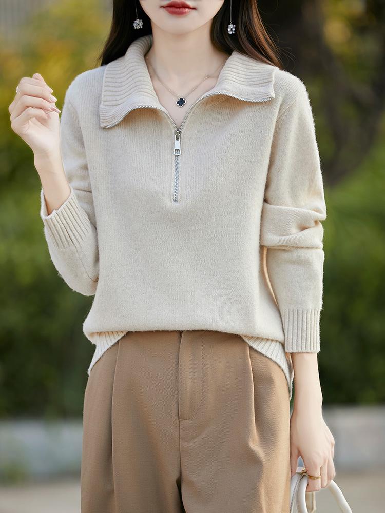 Women's Pure Australian Wool Half-Zipper Casual Lapel Sweater - Long-Sleeved & Thickened Base Layer