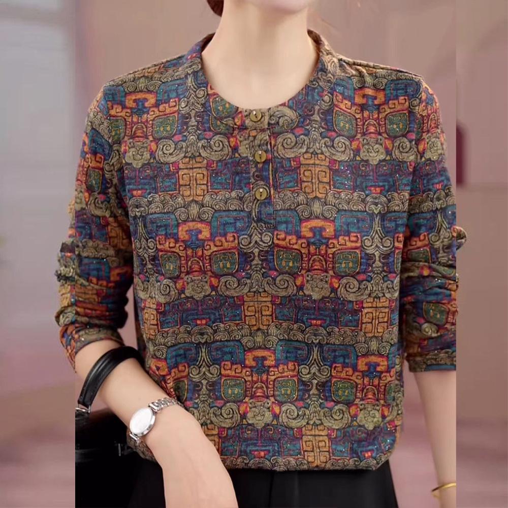 Elegant Chinese-Style Long Sleeve Button Shirt - Autumn/Winter, Tummy Covering, Age-Reducing M