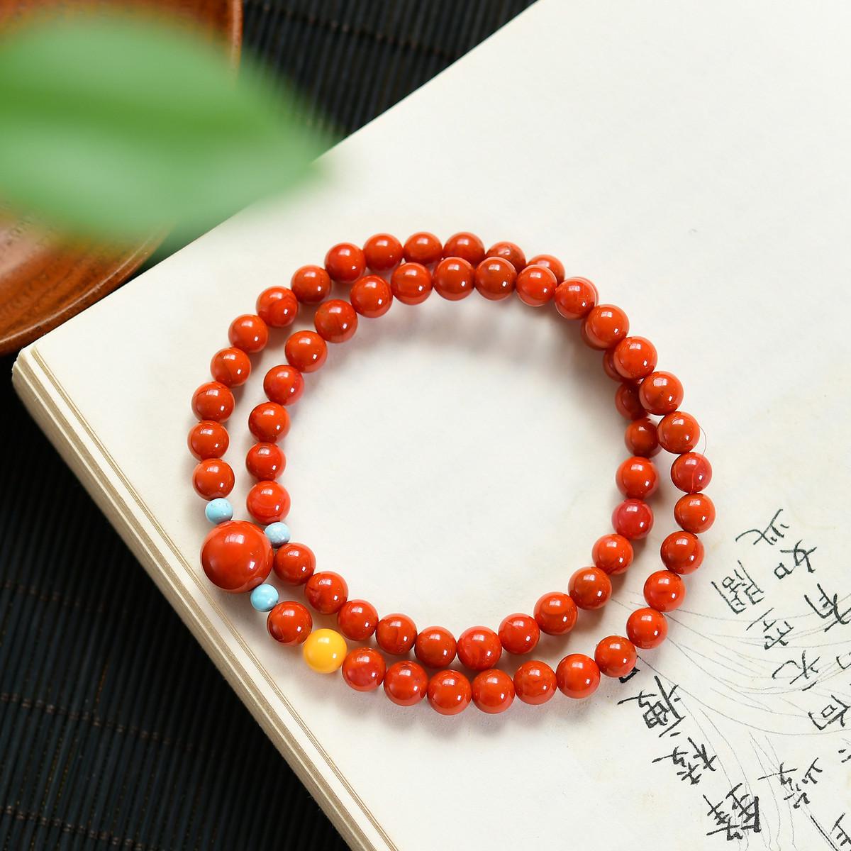 Elegant Chinese Minimalist Nan Hong Agate & Turquoise Amber Double-Loop Bracelet with Flame Pattern 6mm