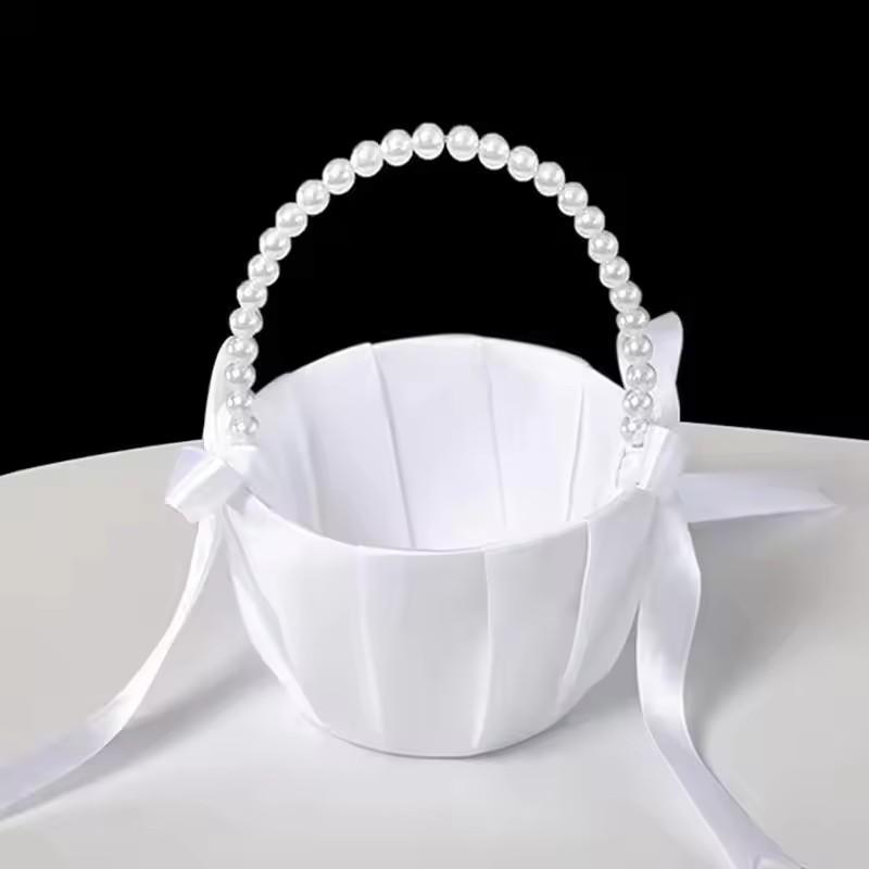 20 Cm White Flower Girls Basket Silk Kids Hand Held Wedding Basket Pearl Bow Wedding Ceremony Party Decorations