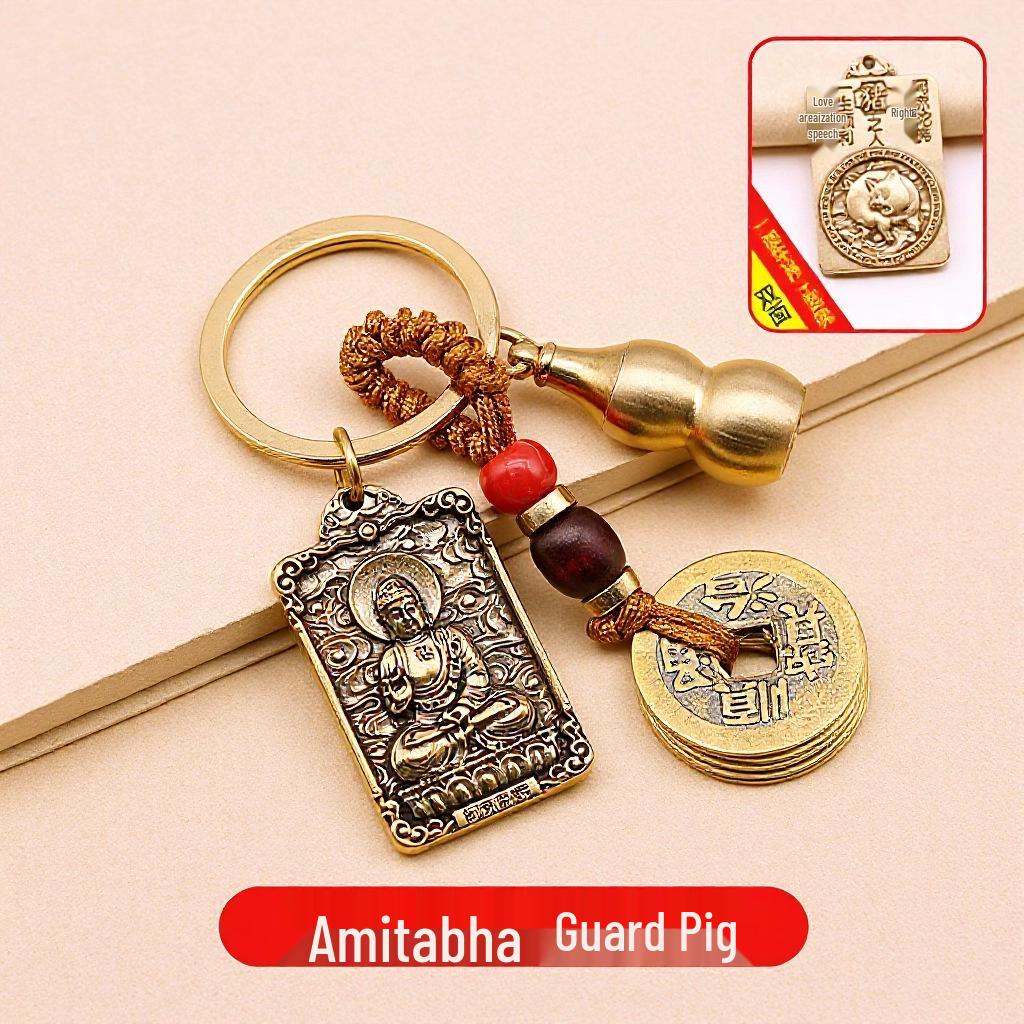 Brass Zodiac & Guardian Deity Buddha Square Pendant Keychain Charm