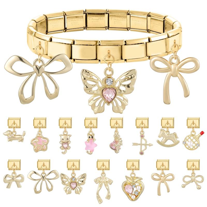 New Vintage Golden Pendant Charm Cat Butterfly Star Tennis Racket Bow Links Fit 9MM Stainless Steel Bracelet Women DIY Making