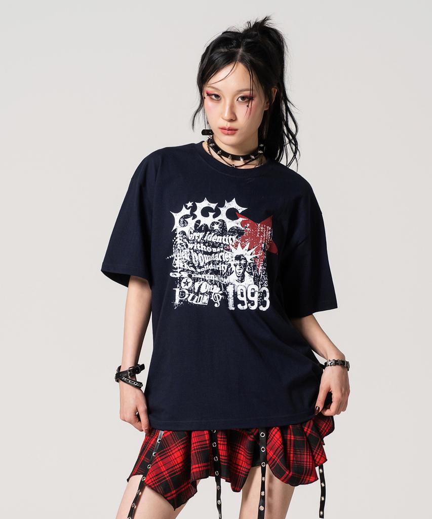 Geuleigaijeukeulleob Punk Stamp Graphic Oversized Short Sleeve T-Shirt Navy