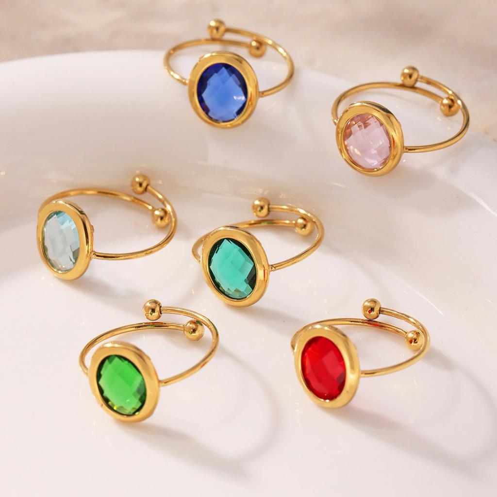 18k Gold Plated Open Ring with Qiong Yao Czech Glass Stone in Stainless Steel Bezel
