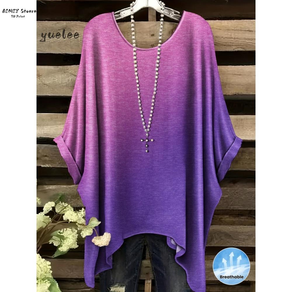 T-shirt Elegante Bohemien da Donna Stampa Notte Stellata Bianco Pois su Tutta la Superficie Orlo Asimmetrico Scollo a O Moda Casual Donna Abbigliamento Y2k