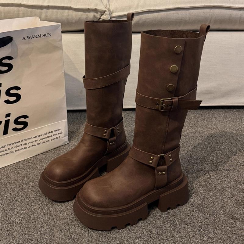 Retro Zwei-Trage-Stiefel mit dicker Sohle Damen neue kleine hohe und dünne Stiefel