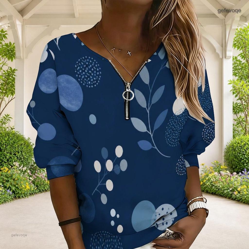 Women Plus Size White Printed V Neck Half Zip Long Sleeve Sweatshirt With Ribbed Cuffs