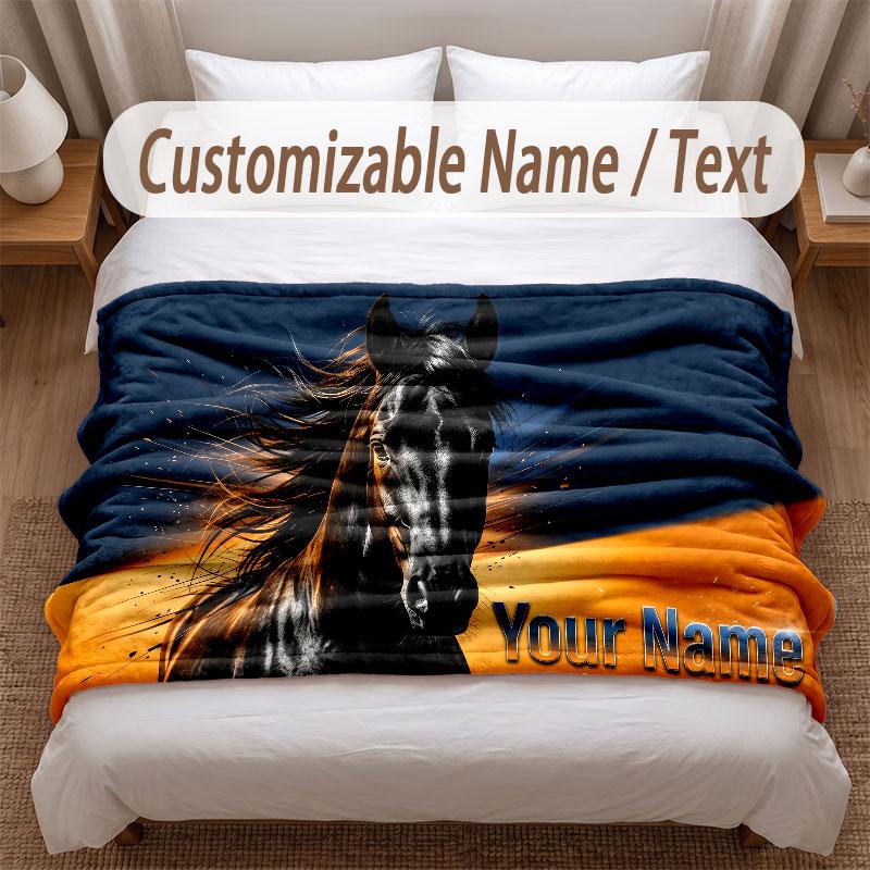 Manta Suave con Temática de Caballos Nombre Personalizado Impresión de Texto Manta Cálida Decoración para Sofá del Hogar Dormitorio