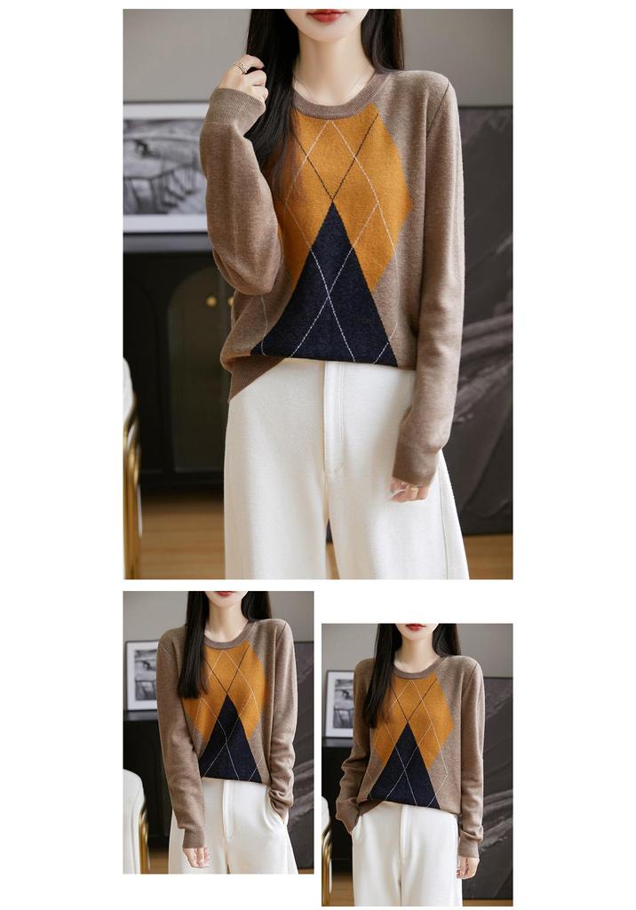 2024 Women's Diamond Pattern Wool Knit Sweater - Round Neck Base Layer for Autumn & Winter