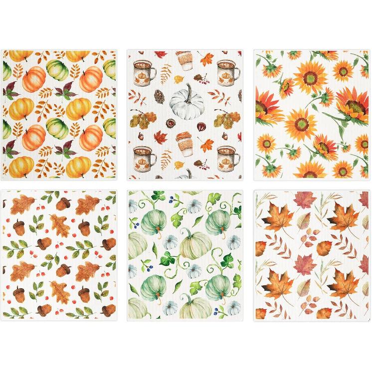 Whaline 6Pcs Thanksgiving Fall Swedish Dishcloths Pumpkin Sunflower Maple Leaf Kitchen Dish Towel Autumn Dishcloths Reble Soft Cotton Kitchen Towels