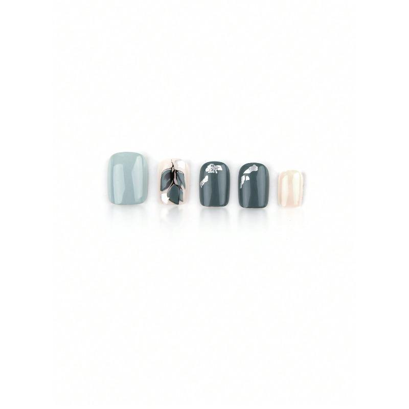24pcs Square Fake Nails With Fresh Elegant Dark Green Leaf Gold Foil Morandi Style Design Press On Nails Nail Art Supplies