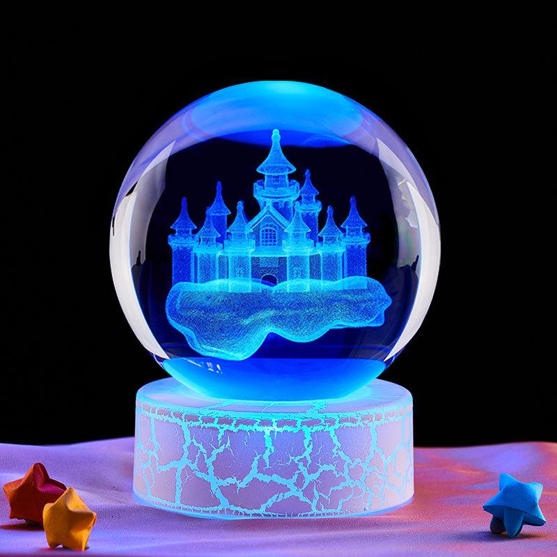 3D Carved Castle in the Sky Crystal Ball Night Light – Luminous Glass Ornament & Valentine's Day Gift