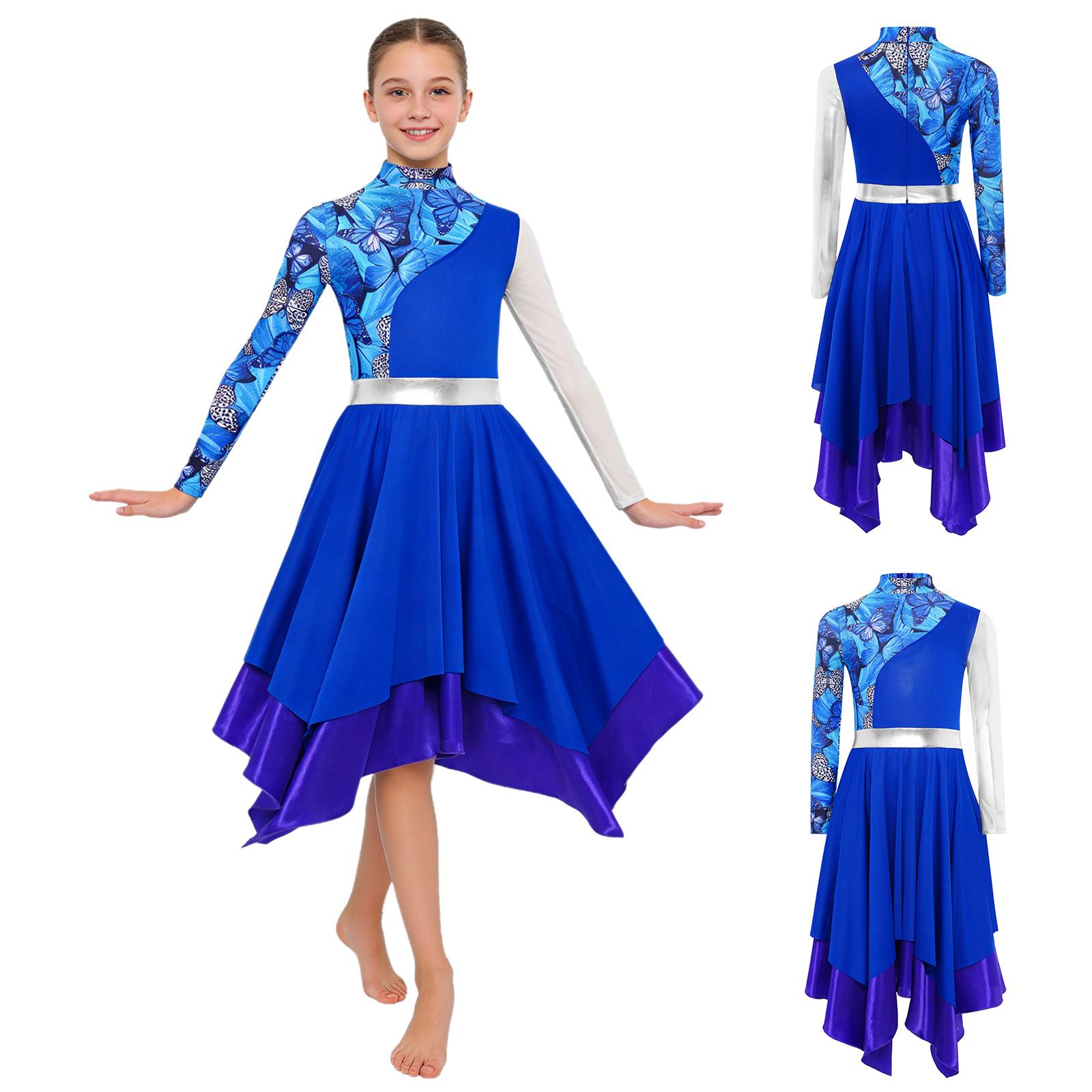 

Girls Liturgical Praise Dance Dress Mock Neck Long Sleeve Back Invisible Zipper Stylish Print Metallic Color Block Patchwork Irregular Hem for Church 5-6 Years синий