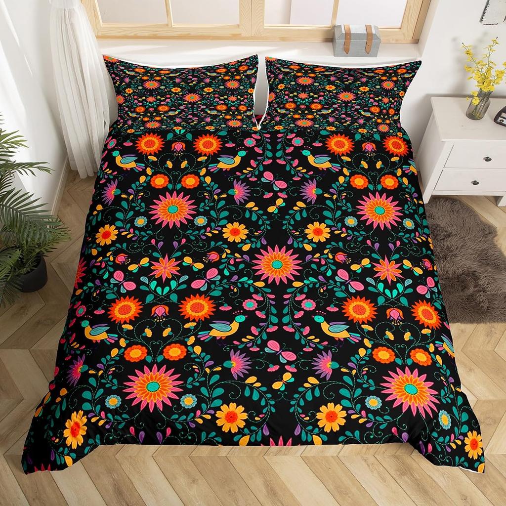 Bettdecke Retro Blumen Aquarell Gelb Floral Grüne Blätter Pflanze Bettdecke Und 2 K Bunter Stil Bettwäsche-Set