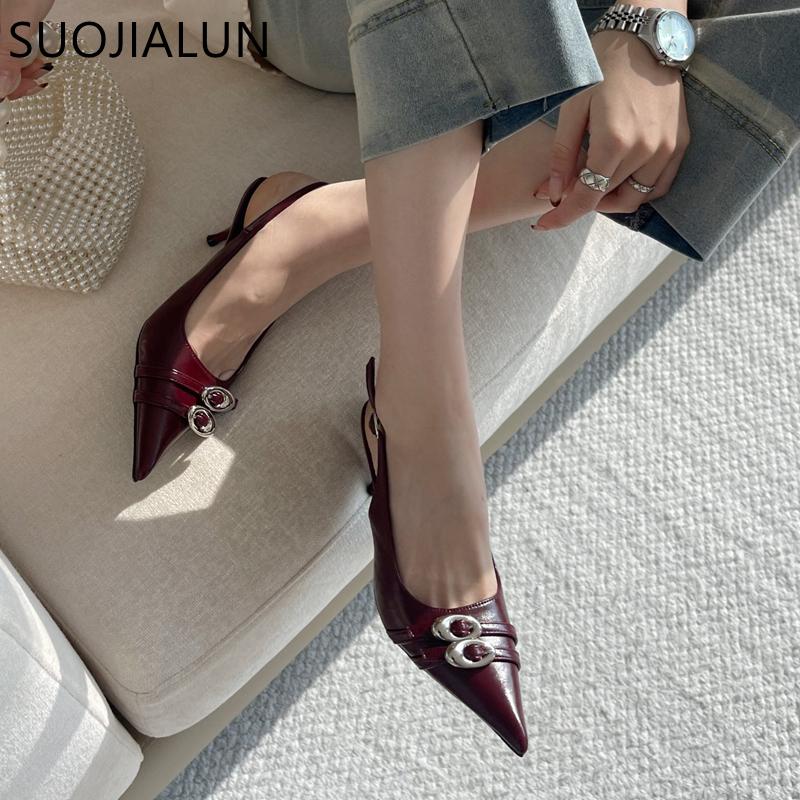 Fashion SUOJIALUN New Brand Women Sandal Fashion Buckle Pointed Toe Shallow Slip On Ladies Elegant Slingback Shoes Thin Low Heel Pumps