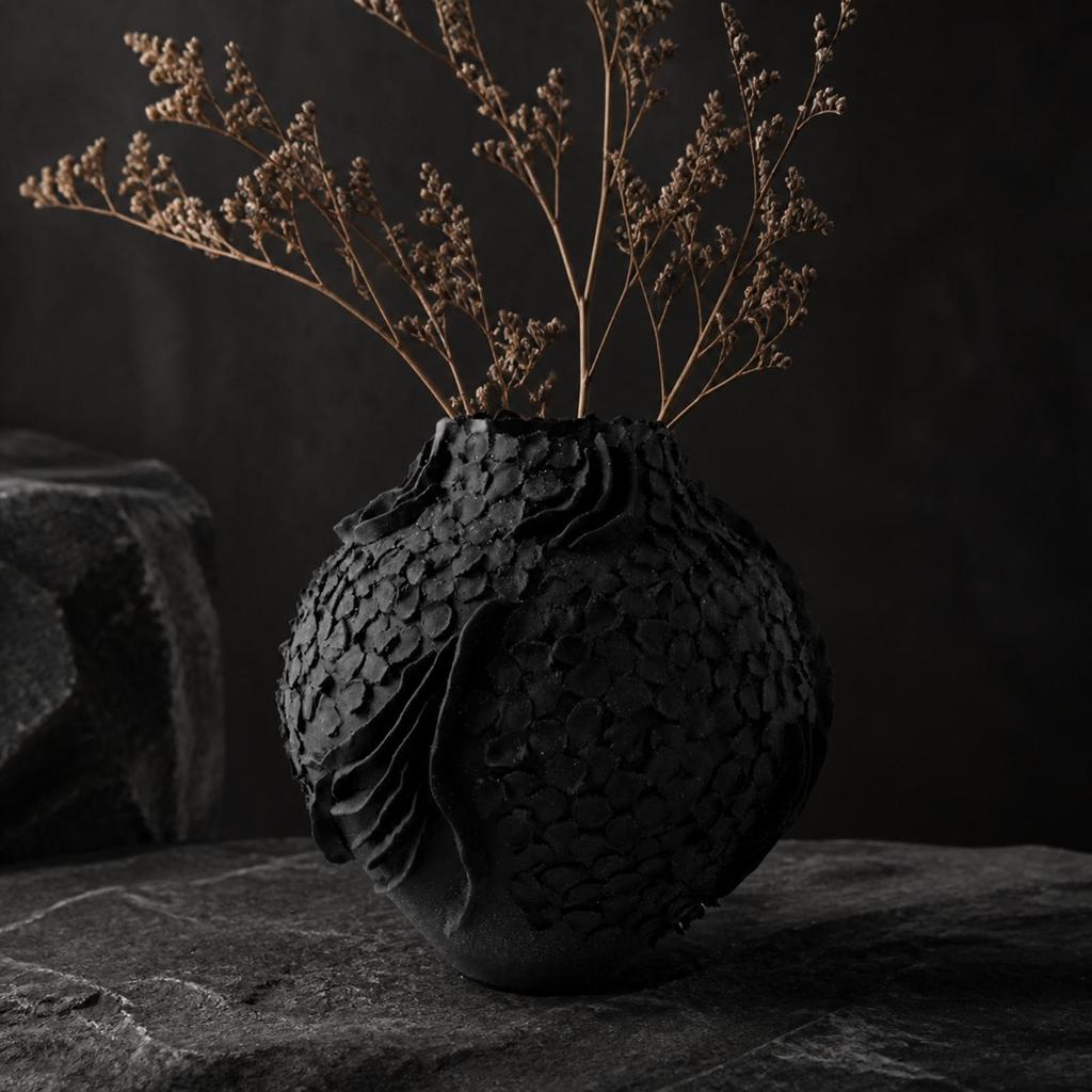 Textured Black Pottery Vase Modern for Model Room Styling