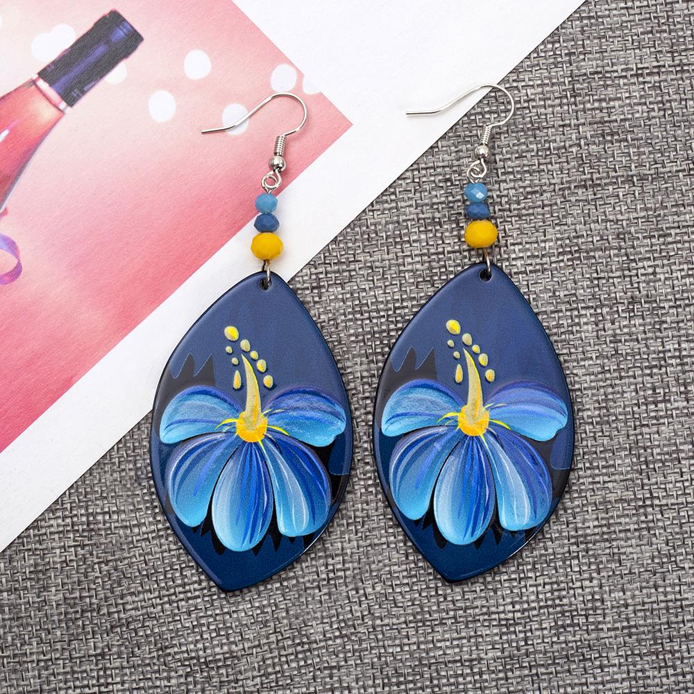 Fashion Blue Acrylic Relievo Printing Flower Earrings Dangle For Women Vintage Style Elegant Daily Wear Jewelry Accessories Gift