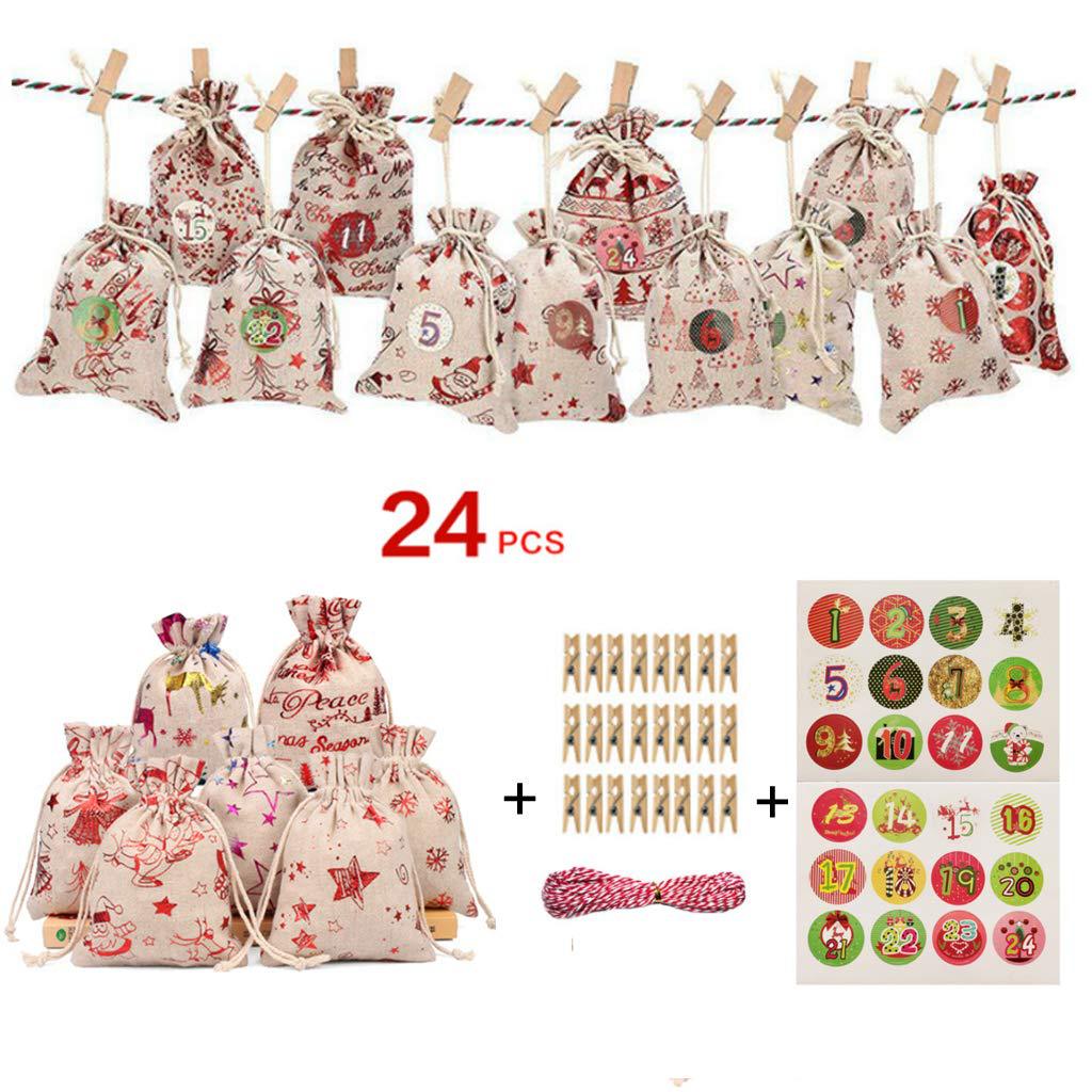 24pcs Linen Christmas Gift Bags with Gilded Christmas Patterns Chocolate Candy Packaging Gift Bags Drawstring Bags