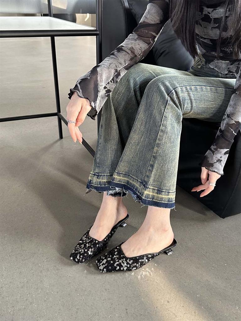 Fashion Square Toe Women Slides Slippers Summer Outside Dress Shoes Black Silver 2024 New Arrivals Party Thin Low Heels Sequined Cloth