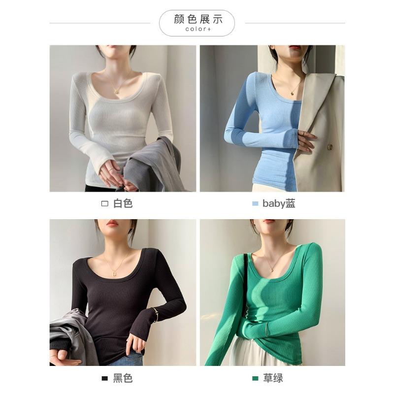 Women Solid High Elastic Slim Long Sleeve Round Neck Casual Bottoming T Shirt