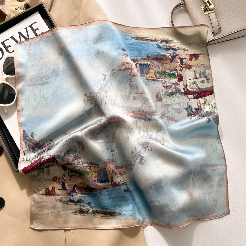 New Women Square 100% Natural Silk Scarf Foulard Bandana Lady Floral Neck Scarves for Hair Neckerchief Spring Bag Ties 53cm