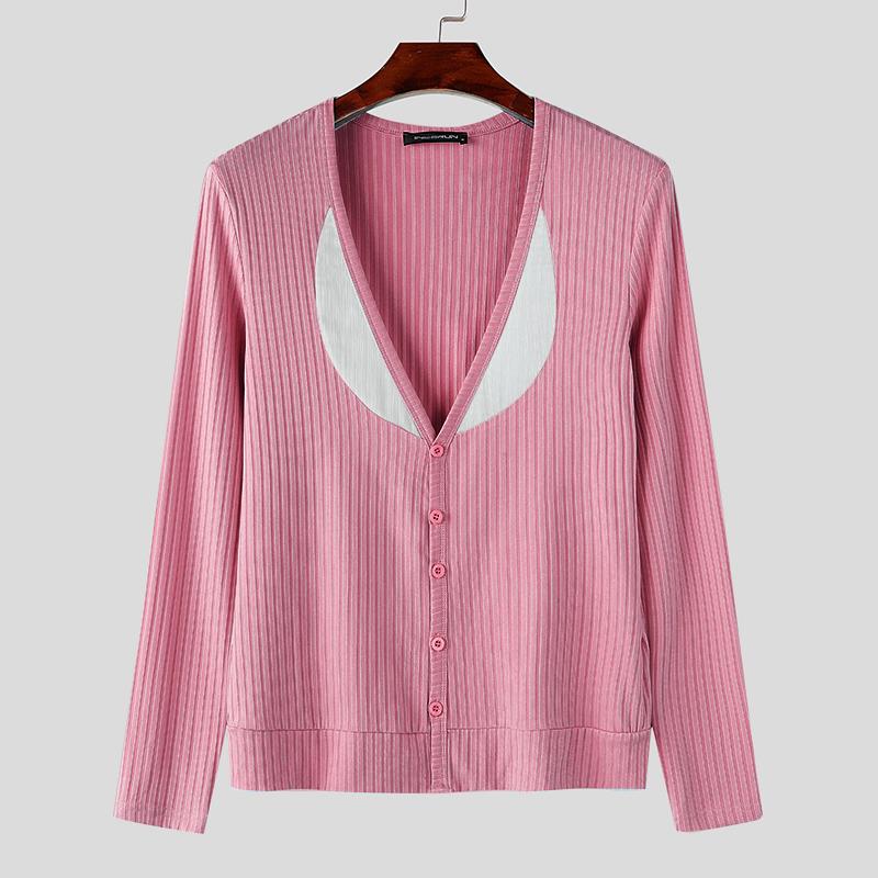 INCERUN Herren Tiefer V-Ausschnitt Langarm Gestrickte Unterhemden Lässige Patchwork Rippen Gestreifte Oberteile