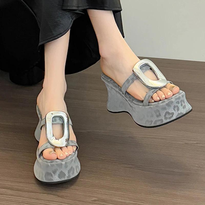 Fashion Women Slippers High Heels Leopard Shoes Dress Fashion Woman's Sandals 2025 Summer Designer Slides New Casual Sandalias De Mujer