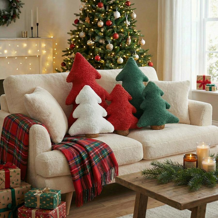 Christmas Tree Pillow Soft Plush Throw Cushion for Sofa Bed Couch Bedroom Holiday Farmhouse Decor Festive Gift for Kids Adults