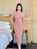 Elegant Pink Puff Sleeve Ruched Waist Bodycon Midi Dress - Women's Fashion 15586