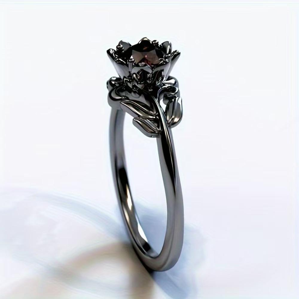 Gothic Lotus Flower Ring Black Gold Tone Red Zircon Solitaire Rings Vintage Floral Statement Jewelry for Women Halloween Gifts